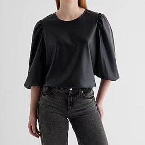 Skimming Faux Leather Puff Sleeve Tee